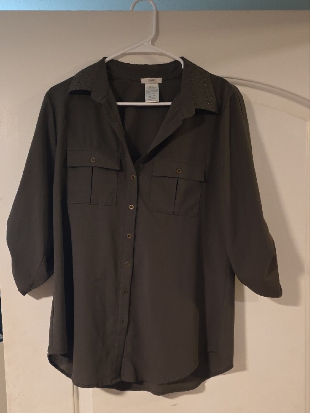 Halo Dark Olive Roll-Tab Button Front Blouse with Studded Collar - Picture 2 of 3